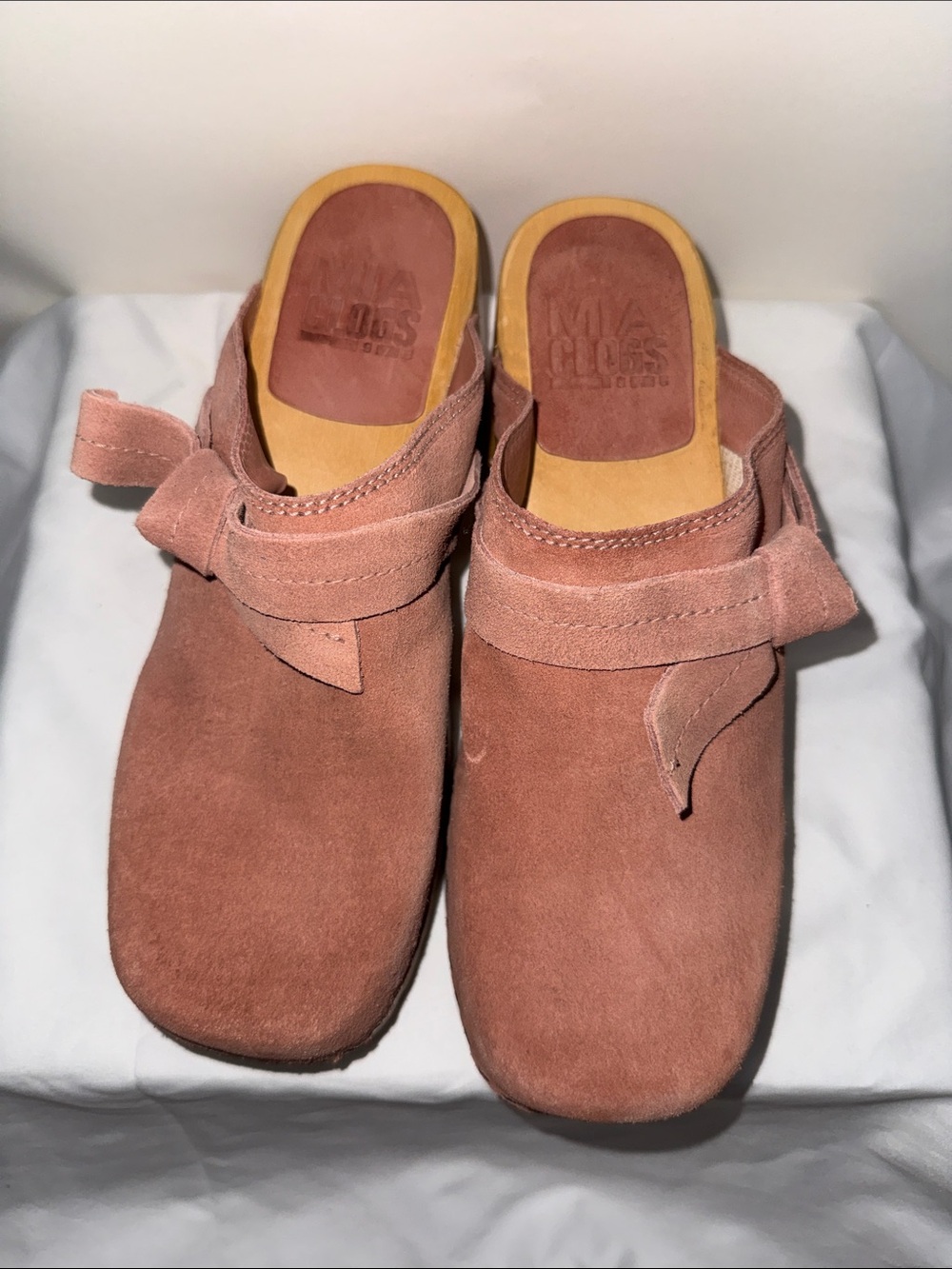 MIA Dusty Rose Suede Slip-On Clogs with Bow Strap